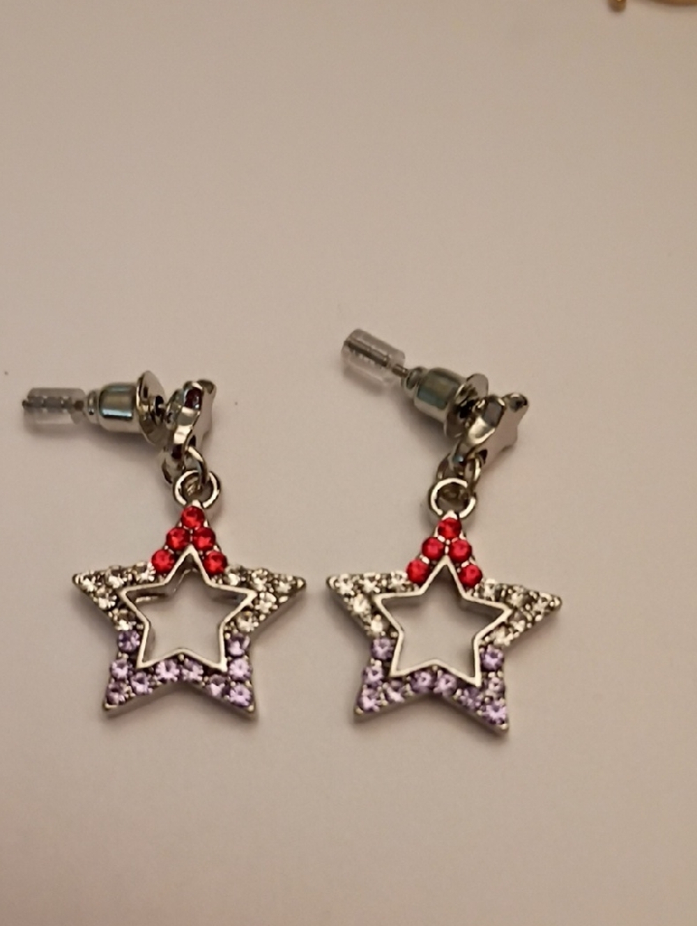 Silver Star Drop Earrings with Red & Lavender Accents